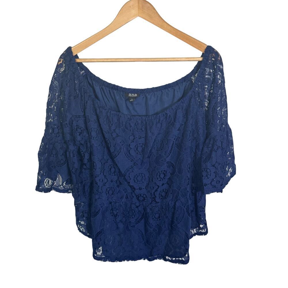 NEW a.n.a A New Approach American Navy Blue Lace Off Shoulder Flowy Blouse Sz XL